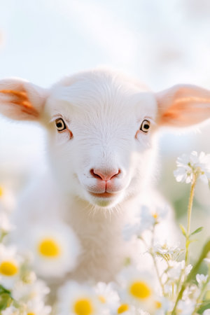 A charming little lamb gazes curiously from a field full of vibrant wildflowers under a clear blue sky.の素材