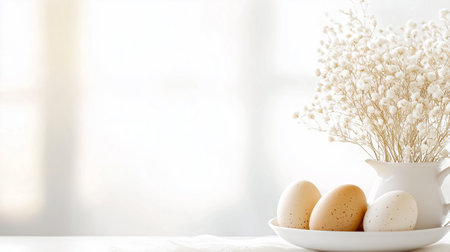 Morning light shines on colorful eggs beside a lovely bouquet of dried flowers, evoking serenity.の素材