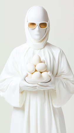 A cloaked figure in white gently cradles a tower of smooth eggs, creating an intriguing contrast in a muted backdrop.の素材