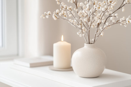 A serene display featuring a delicate flower vase, a glowing candle, and soft decor creates a tranquil ambiance.の素材
