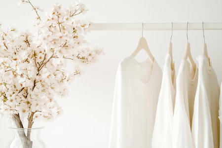 Soft white clothing pieces hang on hangers next to a beautiful cherry blossom tree in a bright and airy room.の素材