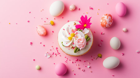 A delightful dessert on a pink backdrop, decorated with flowers and pastel eggs, perfect for springtime.の素材