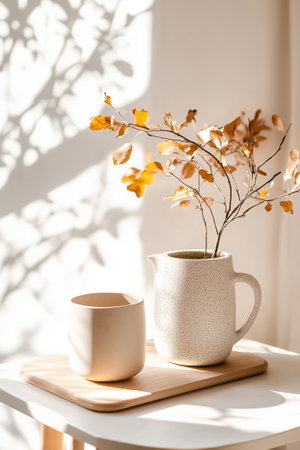 Sunlight filters in, lighting up a cozy scene with a pot and pitcher of golden leaves, evoking tranquility.の素材