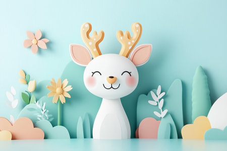 A delightful white deer with joyful features stands amidst colorful flowers and lush greenery in a playful atmosphere.の素材