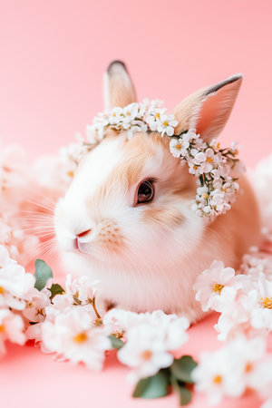 A fluffy rabbit with a floral crown sits among white flowers, creating a serene and joyful scene.の素材