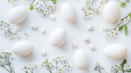 White eggs are artistically arranged with fresh flowers, evoking a peaceful and elegant spring atmosphere.の素材