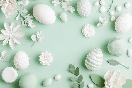 Soft pastels and intricate decor create a charming Easter display, evoking tranquility and joy.の素材