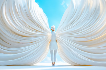 A figure in white gazes at the vast sky, surrounded by beautiful, flowing wings that evoke tranquility.の素材