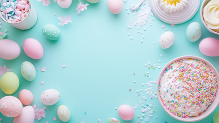 Pastel eggs and sweets brighten a teal surface, ideal for spring festivities and gatherings.の素材