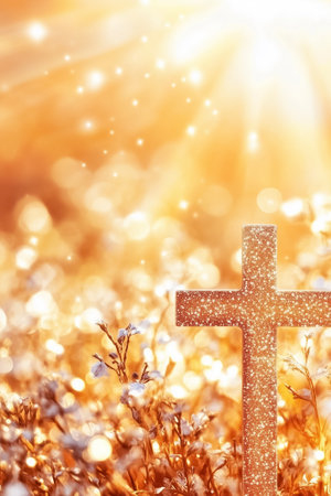 Soft golden light bathes the sparkling cross nestled among fragile wildflowers, creating a serene morning atmosphere.の素材