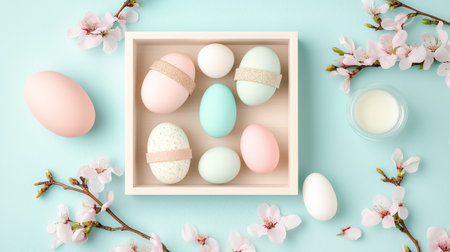 Brightly colored eggs sit in a wooden tray surrounded by cherry blossoms, evoking a cheerful spring atmosphere.の素材