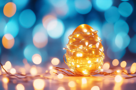 Delicate golden egg adorned with glowing lights shines brightly, evoking warmth and joy in a festive atmosphere.の素材