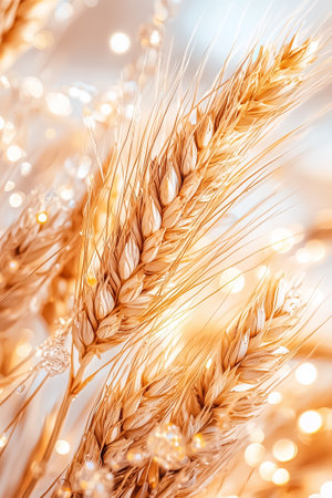 Golden wheat spikes sway gently, basking in the warm light of festive decorations, embodying the spirit of harvest.の素材