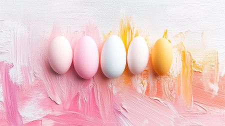 Pastel-colored eggs sit in a row against a lively and colorful backdrop, evoking a cheerful spring atmosphere.の素材