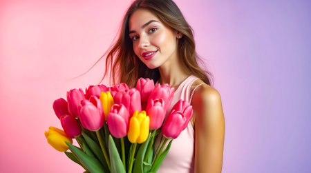 A young woman with flowing hair smiles while holding a large bouquet of colorful tulips in a pastel setting.の素材
