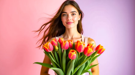 A young woman with flowing hair smiles while holding a large bouquet of bright tulips in a softly lit, colorful setting.の素材
