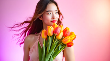 A young woman with flowing hair smiles while holding a large bouquet of bright flowers, set against a pastel backdrop.の素材