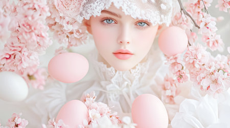 A graceful figure surrounded by blooming cherry blossoms and pastel-colored eggs evokes a serene springtime vibe.の素材