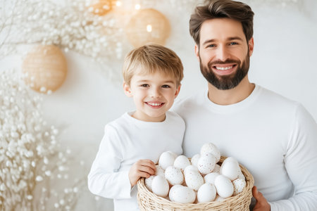 A father and son proudly show their basket of beautifully crafted Easter eggs, highlighting their creativity.の素材