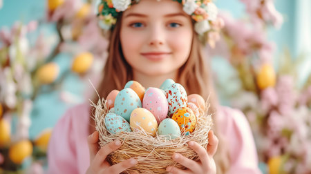 A girl in a floral crown smiles, holding a nest of pastel Easter eggs amidst spring flowers.の素材