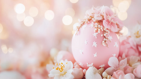 A beautifully decorated pink Easter egg sits among soft blossoms, radiating a sense of springtime joy and tranquility.の素材