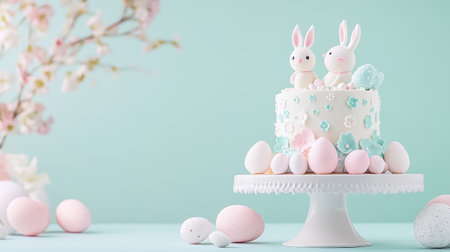 A pastel cake with bunny figures sits elegantly on a stand, surrounded by decorated eggs.の素材