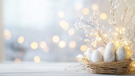 A charming basket holds beautifully speckled white eggs, surrounded by twinkling lights, celebrating the joy of spring.の素材