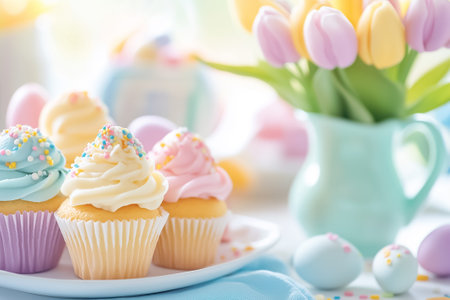 Deliciously decorated cupcakes in pastel colors sit beside vibrant tulips, capturing the essence of spring celebrations.の素材
