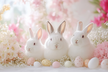 Three fluffy bunnies nestled in blossoms and colorful eggs, celebrating the beauty of spring.の素材