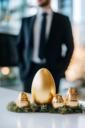 Golden eggs grace the table, embodying festive joy amidst a blurred backdrop of modern elegance.の素材