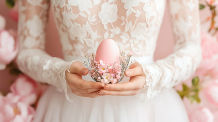 A person holds a lovely pink egg with flowers, surrounded by a soft, joyful pastel spring atmosphere.の素材