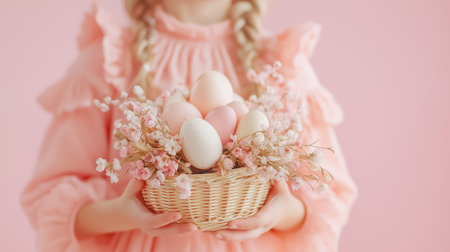 Delicate pastel eggs fill a woven basket as a joyful girl in a ruffled pink dress embraces the spirit of Easter.の素材
