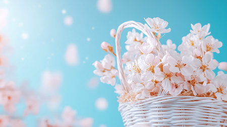 Cherry blossoms in a basket contrast beautifully against a calming blue background, embodying spring's essence.の素材