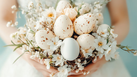 A joyful spring arrangement featuring speckled eggs surrounded by fresh white flowers, perfect for festive occasions.の素材