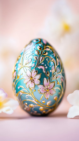 A beautifully crafted egg with pastel floral designs sits serenely amid spring blossoms.の素材