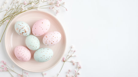 Soft pastel colors blend harmoniously as speckled eggs rest on a round plate, accentuated by fresh blooms of spring.の素材