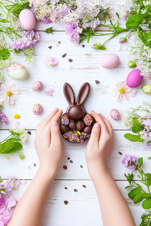 A joyful chocolate treat in small hands, surrounded by colorful eggs and blooming flowers, celebrating Easter.の素材