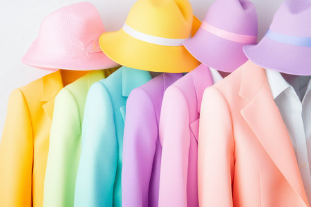 Colorful pastel jackets paired with matching hats showcase the latest spring collection, radiating a joyful atmosphere.の素材