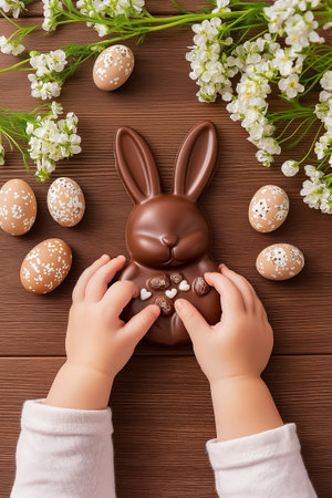 Little hands eagerly reach for a delicious chocolate bunny amidst beautifully decorated eggs and fresh flowers.の素材