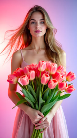 A young woman with flowing hair holds a large bouquet of flowers against a vibrant background.の素材