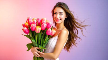 A young woman beams with a large bouquet of colorful tulips in a softly colored background.の素材