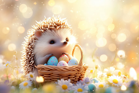 A curious hedgehog explores a basket of colorful Easter eggs among blooming daisies in spring.の素材