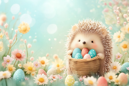 A cute hedgehog holds a basket of pastel eggs, surrounded by flowers, capturing the joy of Easter.の素材