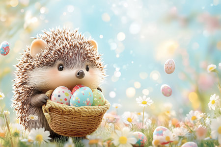 A delightful hedgehog holds a basket filled with pastel eggs, joyfully exploring a vibrant field of daisies on Easter.の素材