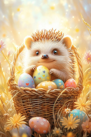 A delightful hedgehog holds Easter eggs in its paws while surrounded by vibrant spring flowers under a warm, golden light.の素材