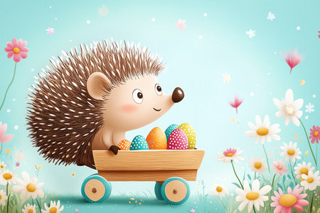 Joyful hedgehog pushes a cart filled with vibrant Easter eggs through a bright, floral meadow on a sunny day.の素材