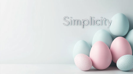 Easter eggs in soft neutral colors arranged simply, showcasing minimalist Scandinavian design with the word simplicity.の素材
