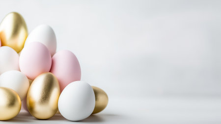 Pastel and gold Easter eggs in a minimalist display embody elegant simplicity in soft light.の素材
