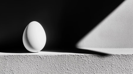 An abstract interplay of light and shadow creates a serene moment with a solitary white egg on textured surfaces for Easter.の素材