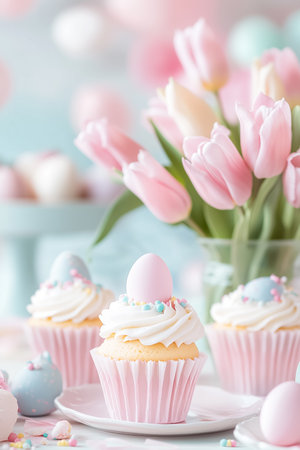 A beautifully arranged table showcases festive Easter-themed cupcakes topped with pastel colors and a charming vase filled with fresh tulips, perfect for spring gatherings.の素材
